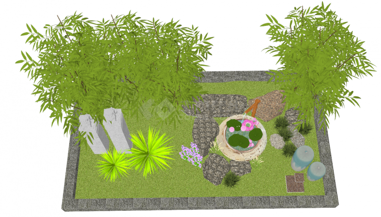 新中式石狮莲池诗意唯美庭院竹子盆栽su模型-图二