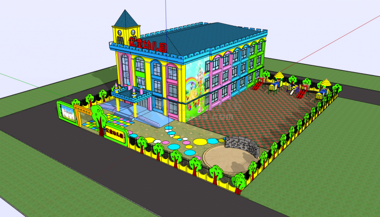 树木装饰围墙黄色外墙蓝色屋顶幼儿园su模型-图二