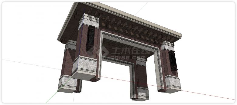 红砖四方柱新中式大门入口su模型-图二