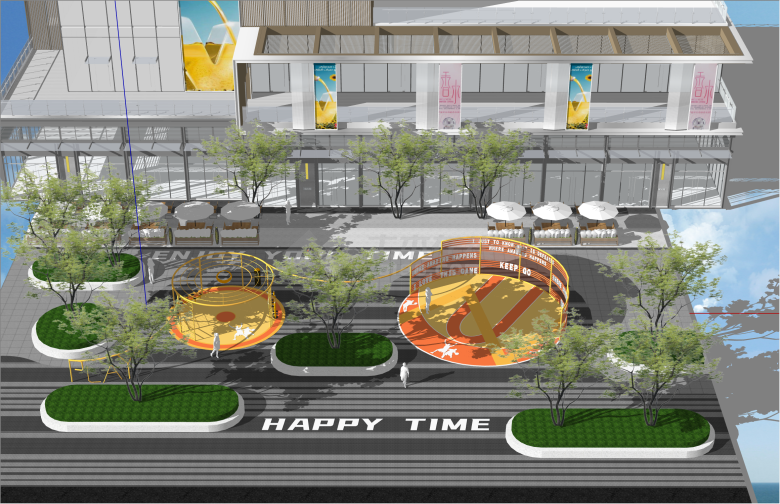 独特橘色现代风格商业广场街道景观su模型-图一