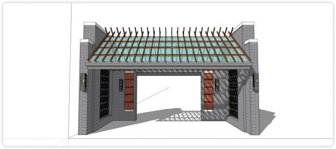 木方结构玻璃顶新中式大门入口su模型_图1