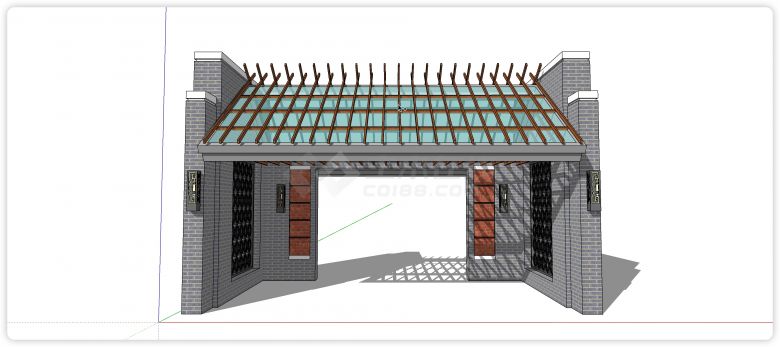 木方结构玻璃顶新中式大门入口su模型-图一
