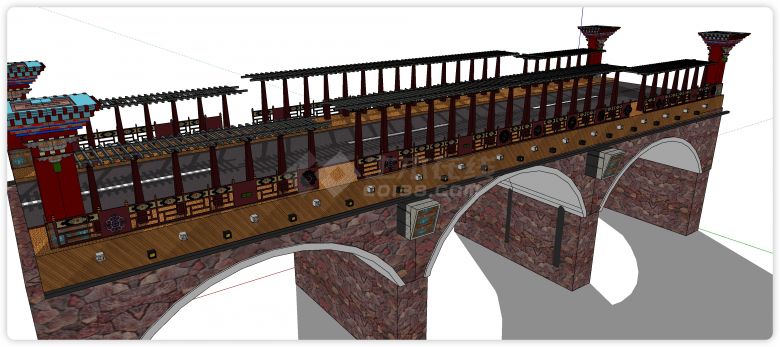 红色文化石桥墩中式桥su模型-图二