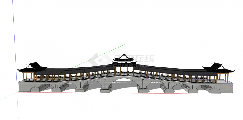 中式灰色瓷砖制廊桥su模型-图一