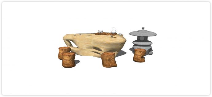 大理石原石桌子圆木凳子石桌石凳su模型_图1