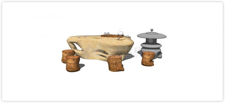 大理石原石桌子圆木凳子石桌石凳su模型-图一