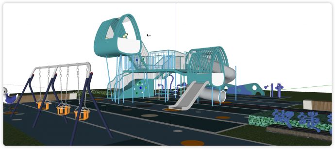 蓝色滑梯儿童游乐园su模型_图1