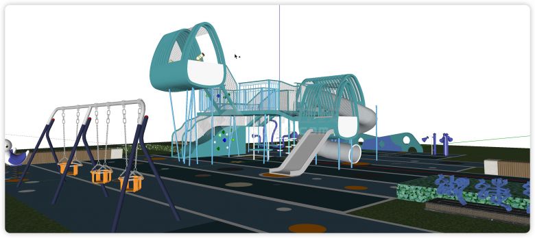 蓝色滑梯儿童游乐园su模型-图一