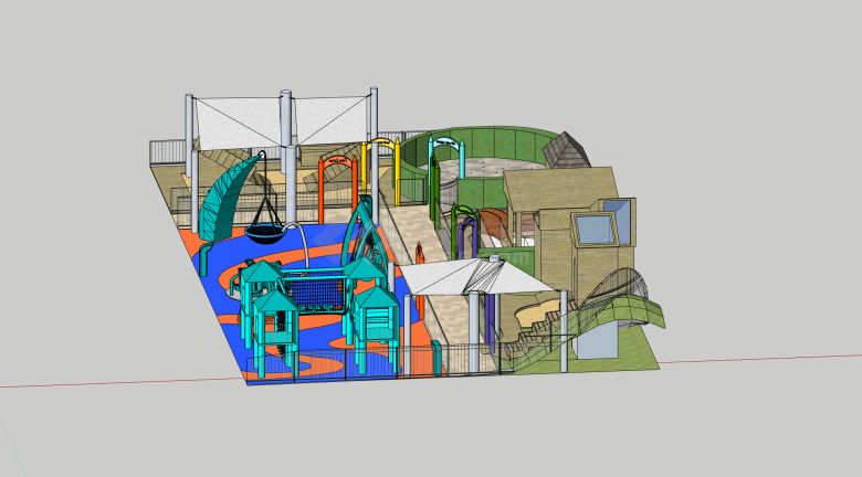 蒂芙丽蓝游玩器械和木质跨障道儿童活动场地su模型-图二