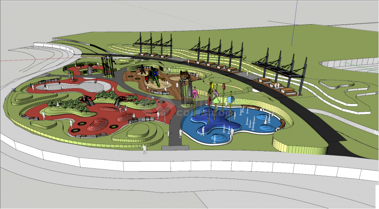 带有红色绿色 喷泉滑滑梯秋千的儿童活动场地su模型-图二
