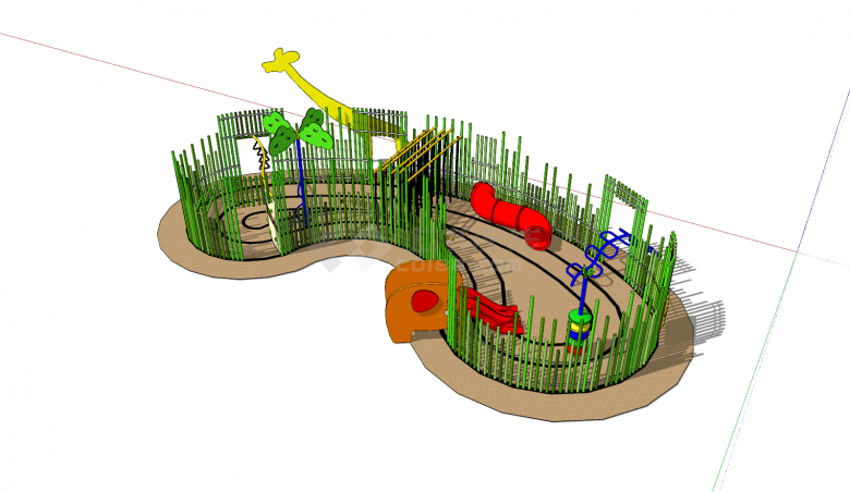 儿童活动场地绿色围栏su模型-图一
