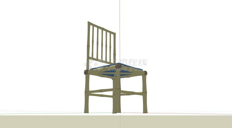 蓝色坐垫绿色竹制品靠背椅su模型-图二