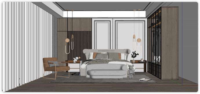 灰色弧形床头木栅格装饰卧室su模型_图1