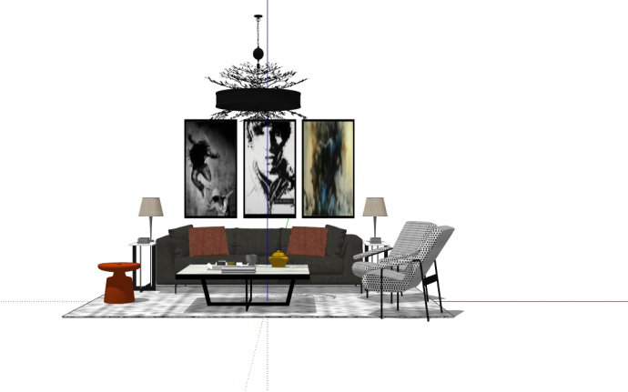 带有黑色沙发轻奢客厅组合 su模型_图1
