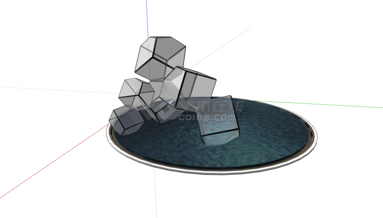 圆形水池上堆叠透明方块灵动艺术su模型-图一