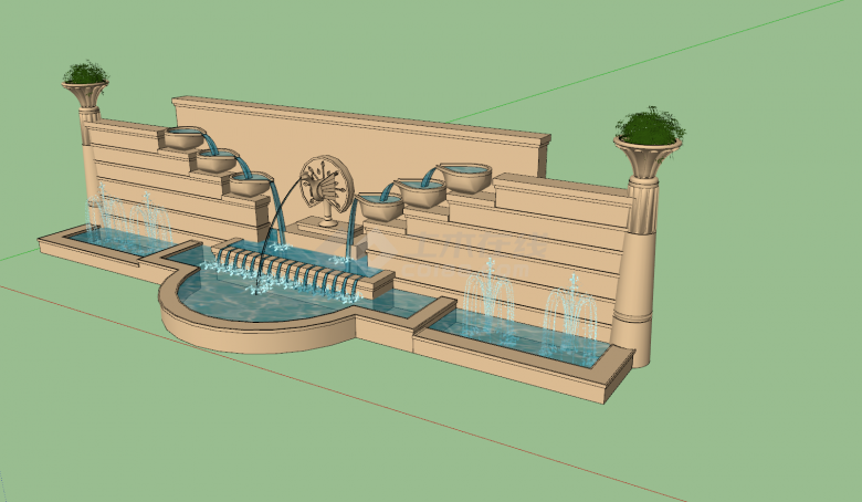 景墙浅色石柱喷泉池su模型-图一