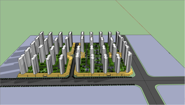 带有多栋的住宅跟宽阔的公路su模型-图二