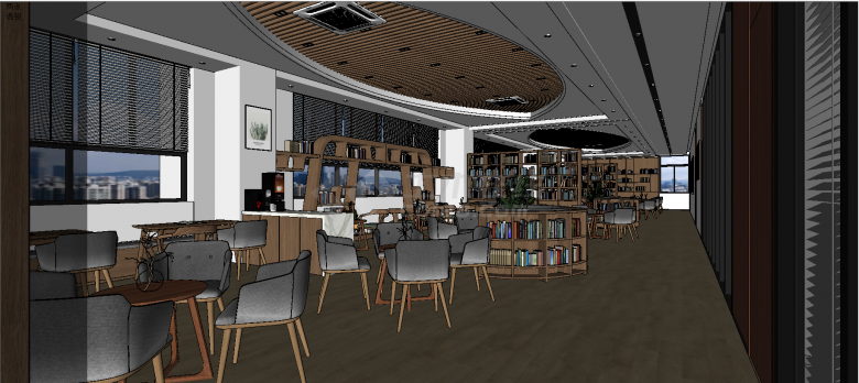 现代深色系图书阅览室一体化设计su模型-图二