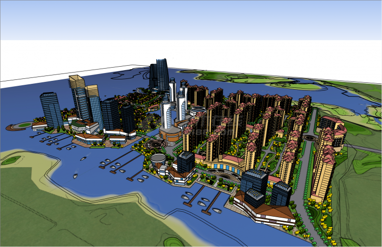 超大规模临河住宅区及商业楼整体概念规划su模型-图二