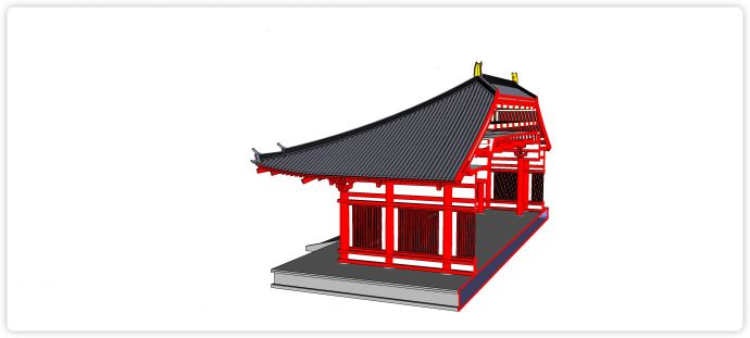 日式红色窗框柱体白色主体古建筑su模型_图1
