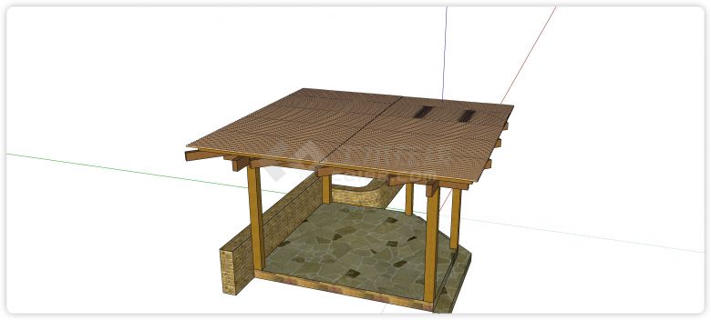 文化砖地面木结构凉亭古建筑su模型-图二