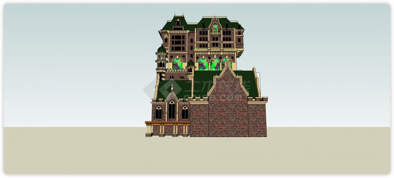 红砖金色配色主体绿色屋顶外国古典建筑su模型-图一