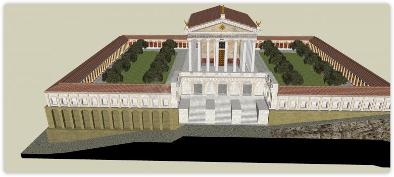 四边长廊围绕白色主体古罗马建筑su模型-图二