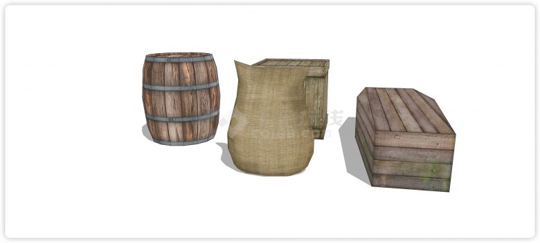 木条结构木桶箱子和粮食袋su模型-图二
