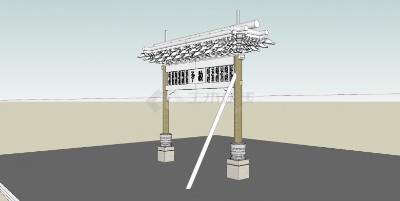 牌坊白色顶木制柱子su模型-图二
