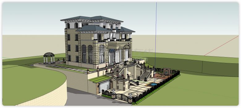 前院双楼梯米色大理石主体别墅su模型-图一