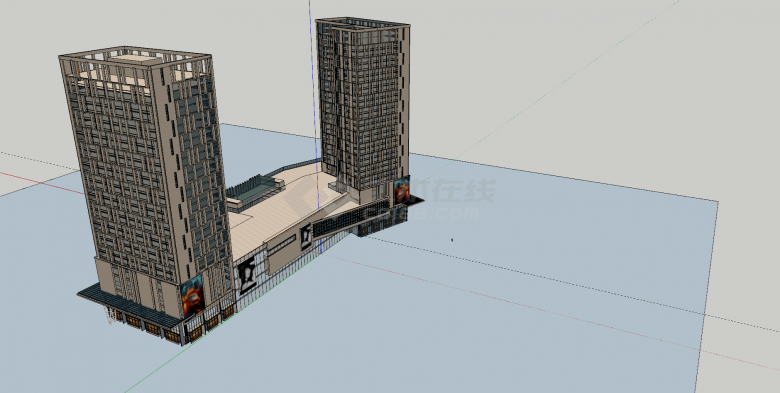 商业西立面对称两座楼su模型-图二