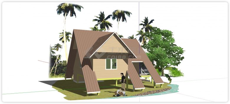 度假风粉红色三角形造型屋顶木屋su模型-图一