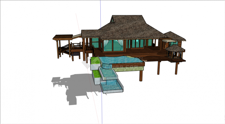 带有泳池 走廊的豪华木屋su模型-图二