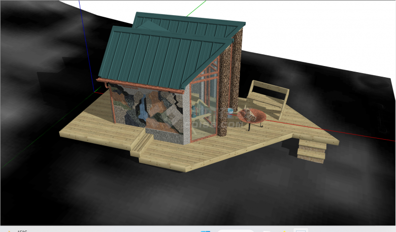 深绿色顶带有座椅茶几透明玻璃门的木屋su模型-图二