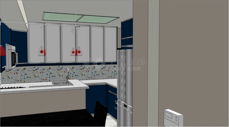 带有蓝白相间的橱柜的明亮的厨房su模型-图二