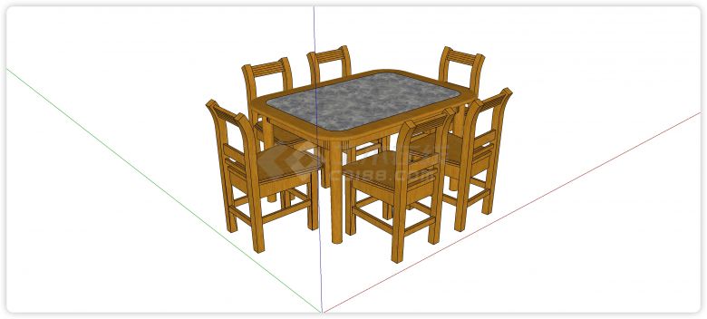 木制结构大理石桌面餐桌凳组合su模型-图一