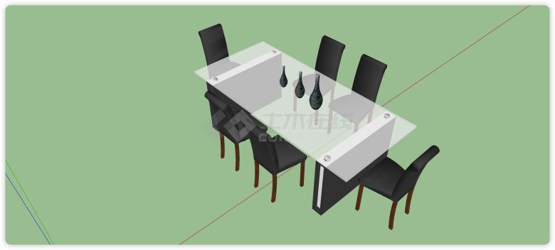 一字桌脚玻璃桌面六人餐桌su模型-图二