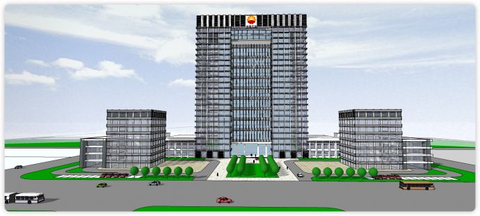 中国石油钢架结构玻璃主体办公楼su模型_图1