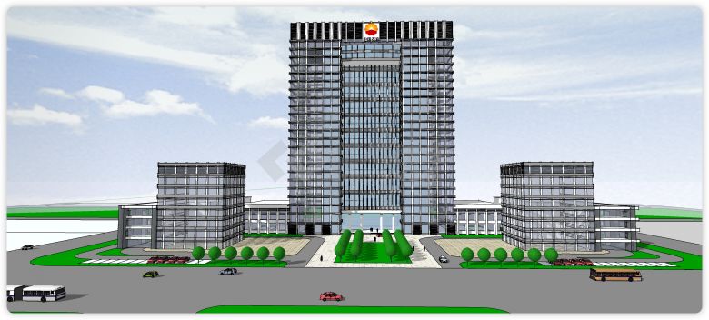 中国石油钢架结构玻璃主体办公楼su模型-图一