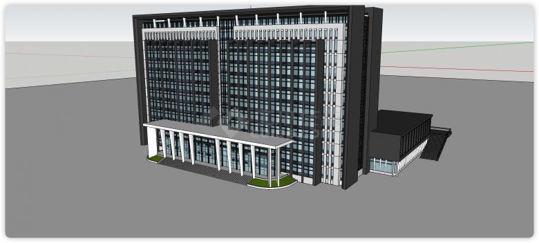 黑白配色主体蓝色玻璃办公楼现代风格办公楼su模型-图一