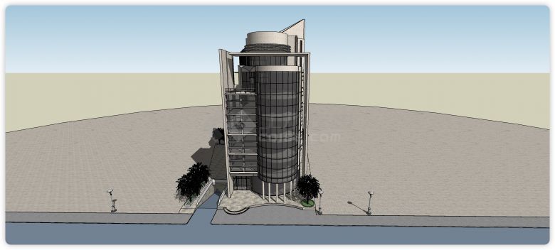 米色大理石主体弧形灰色玻璃结构办公楼su模型-图一