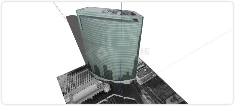 弧形面绿色玻璃主体摩天高层办公楼su模型-图二