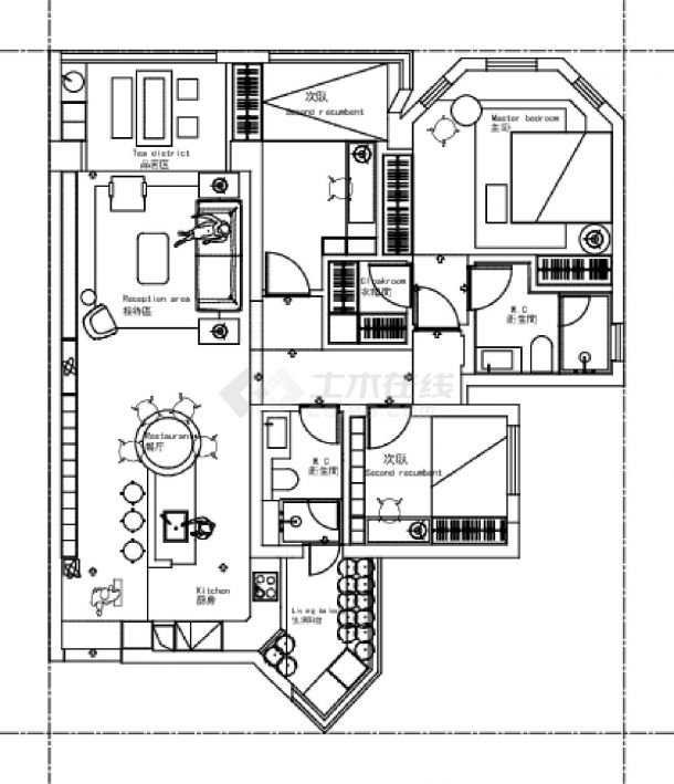 120㎡ 两居室户型-方案1CAD图-图二