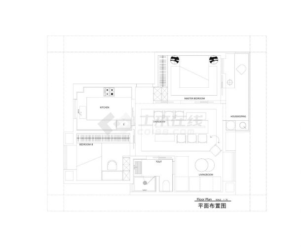 100㎡ 两居室 户型方案CAD图-图二