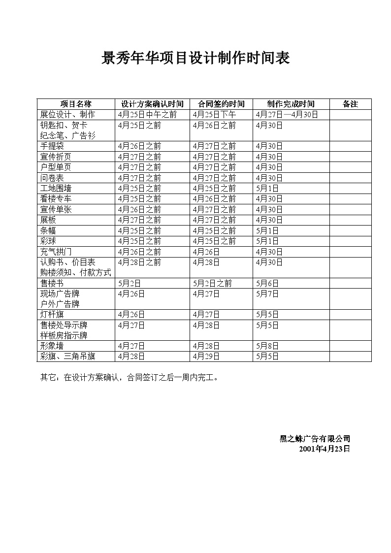 房地产策划-景秀年华项目设计制作时间表.doc