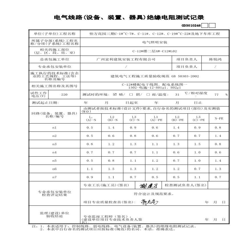 C-12#楼---电气线路绝缘电阻测试记录-图一