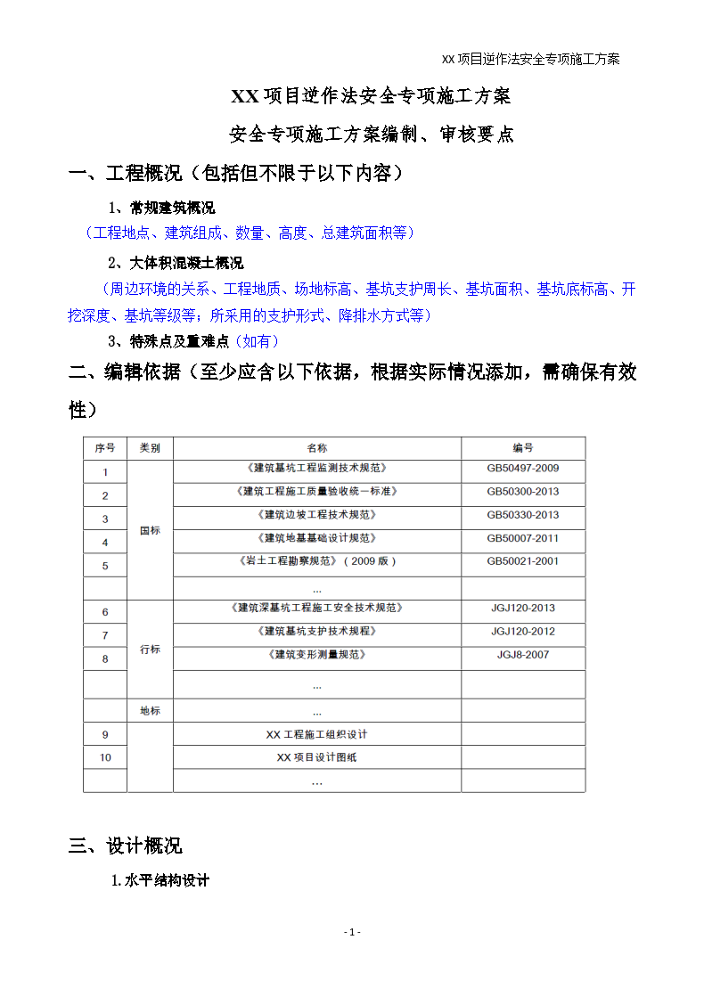 XX项目逆作法安全专项施工方案编制要点