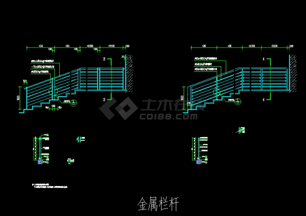 三个金属不锈钢栏杆，二个玻璃栏杆-图二