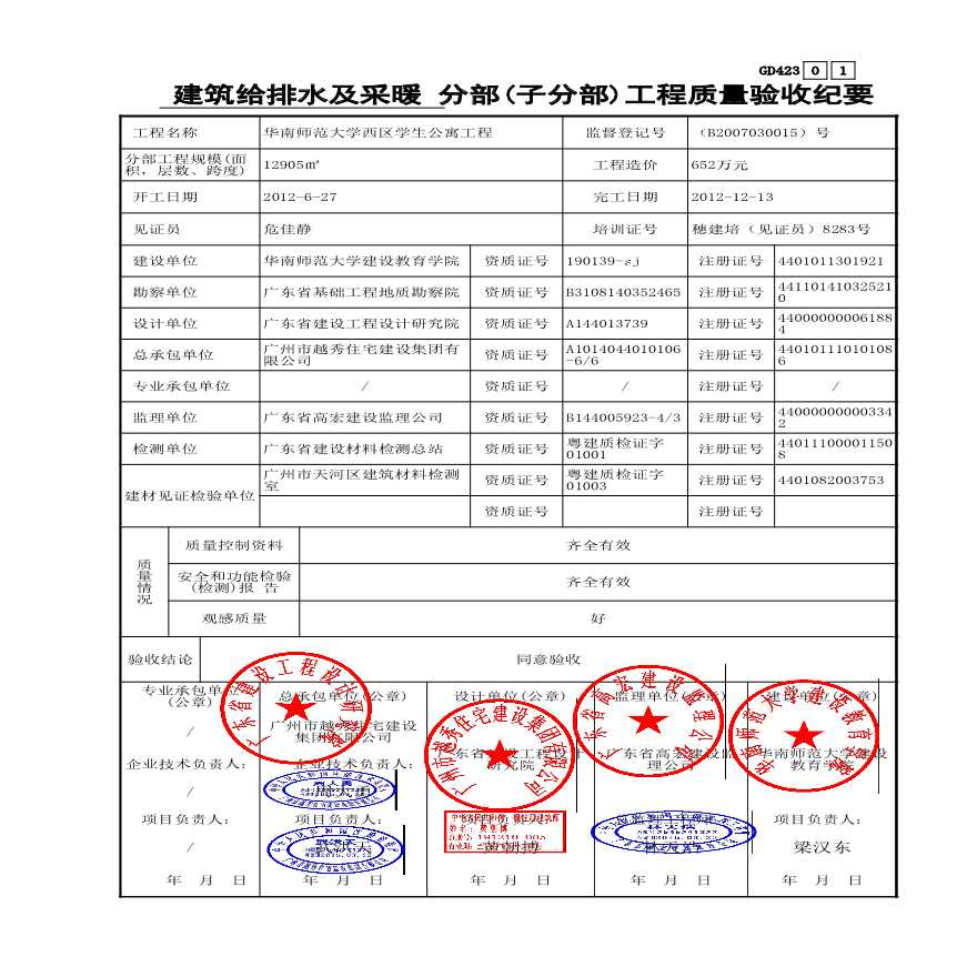 建筑给排水分部(子分部)工程质量验收纪要GD423