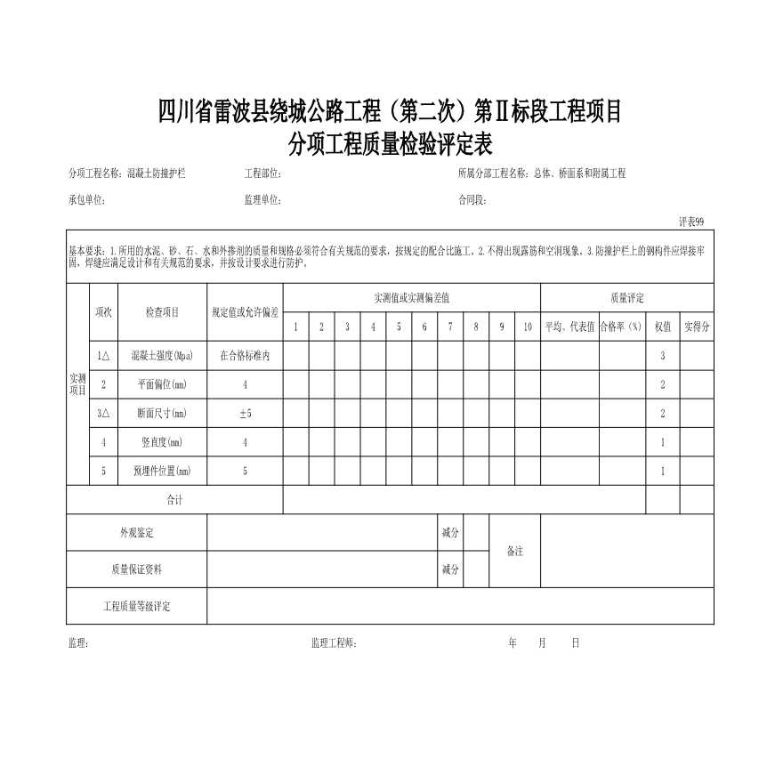 公路监理混凝土防撞护栏质量评定.xls-图一